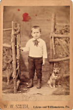 Cabinet Card Photo- Williamstown, PA.-Young boy posed in gate with pet dog picture