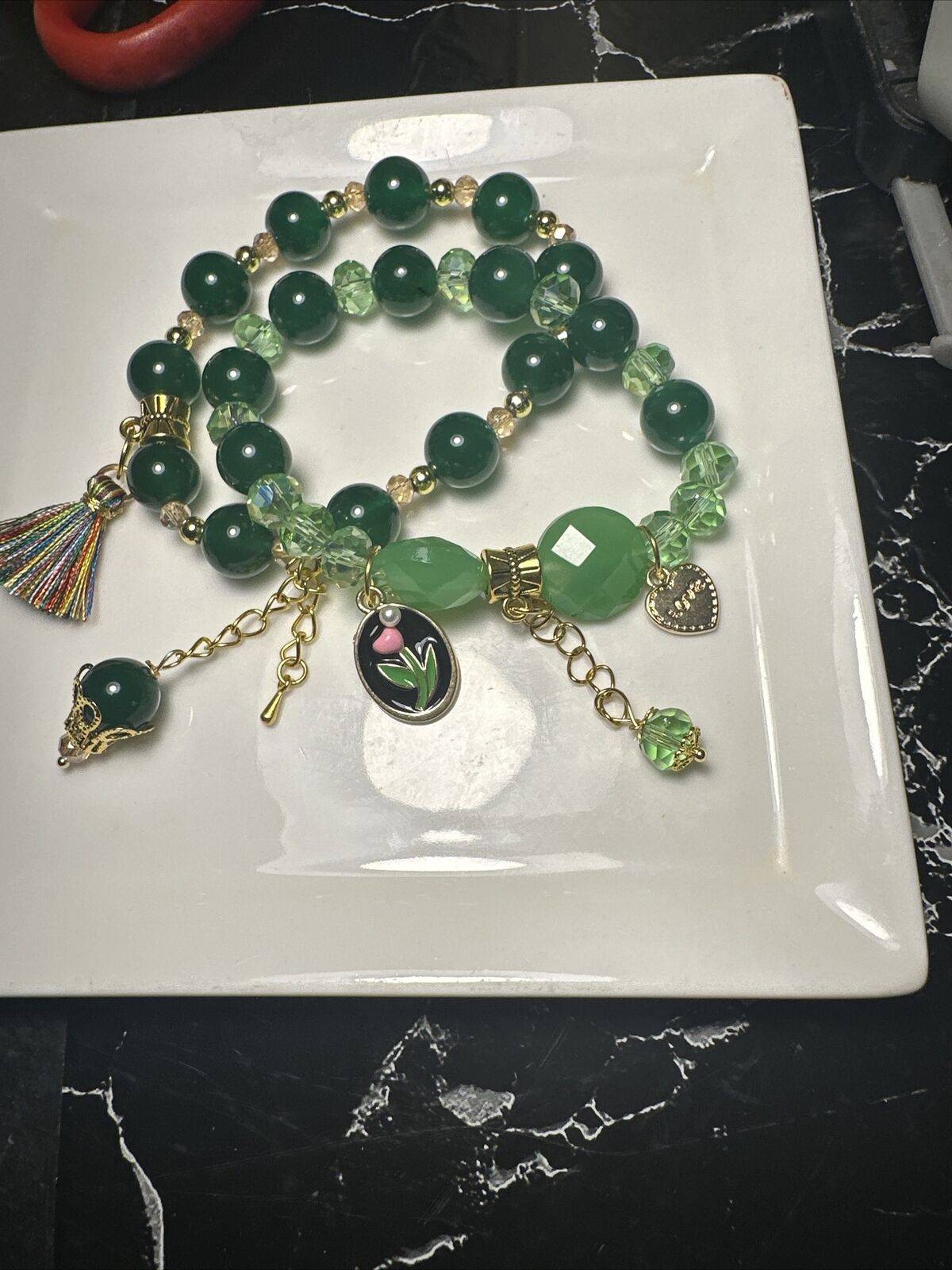 Set Of 2 Green Jade Beaded Bracelet 8MM . Made Of Crystals , Green Jade , Glass