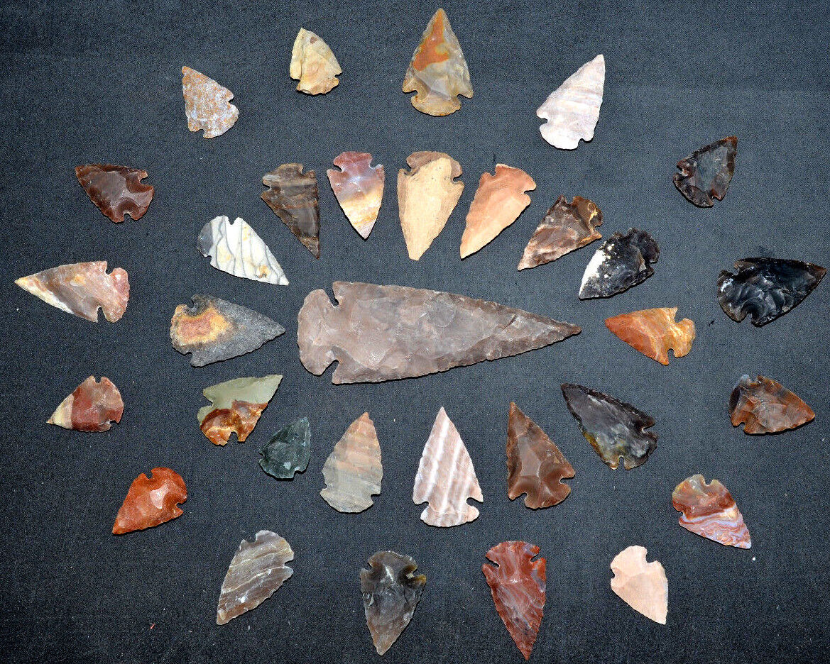 ** 32 pc lot Flint Arrowhead Ohio Collection Project Spear Points Knife Blade **