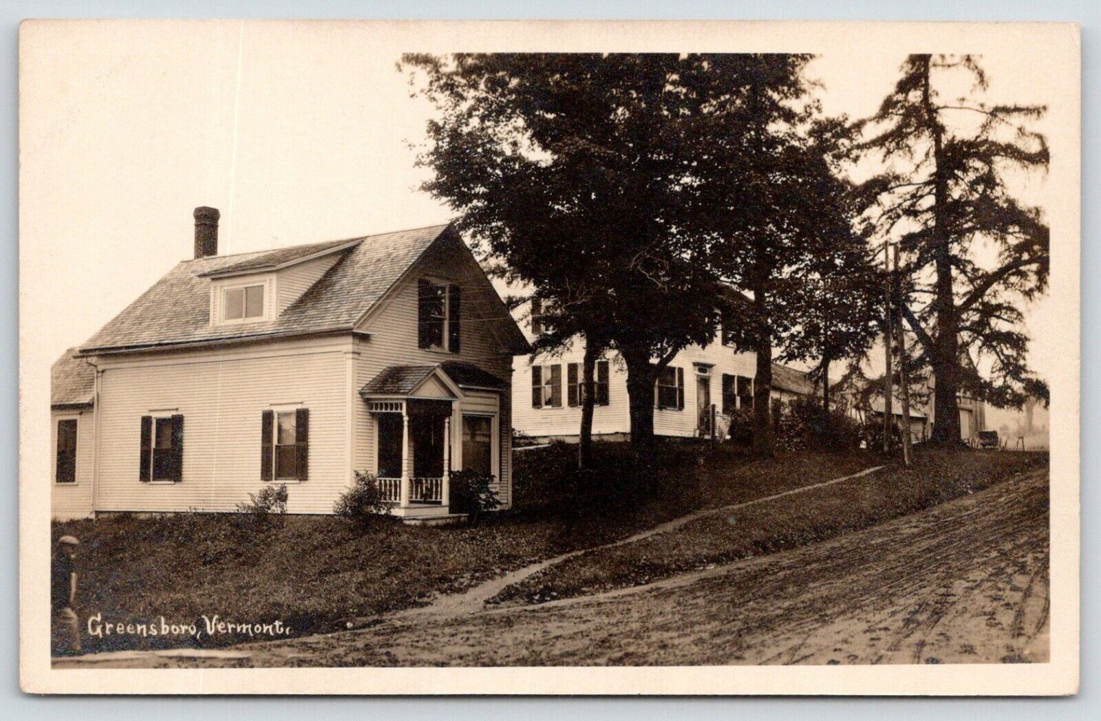 Greensboro VT~Dirt Road Uphill Past Little Victorian House~Farm Barns~1915 RPPC