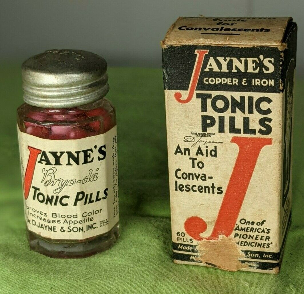 VINTAGE Dr D JAYNES Tiny Tonic Pills bottle w/Box Great Risque Photo Graphics