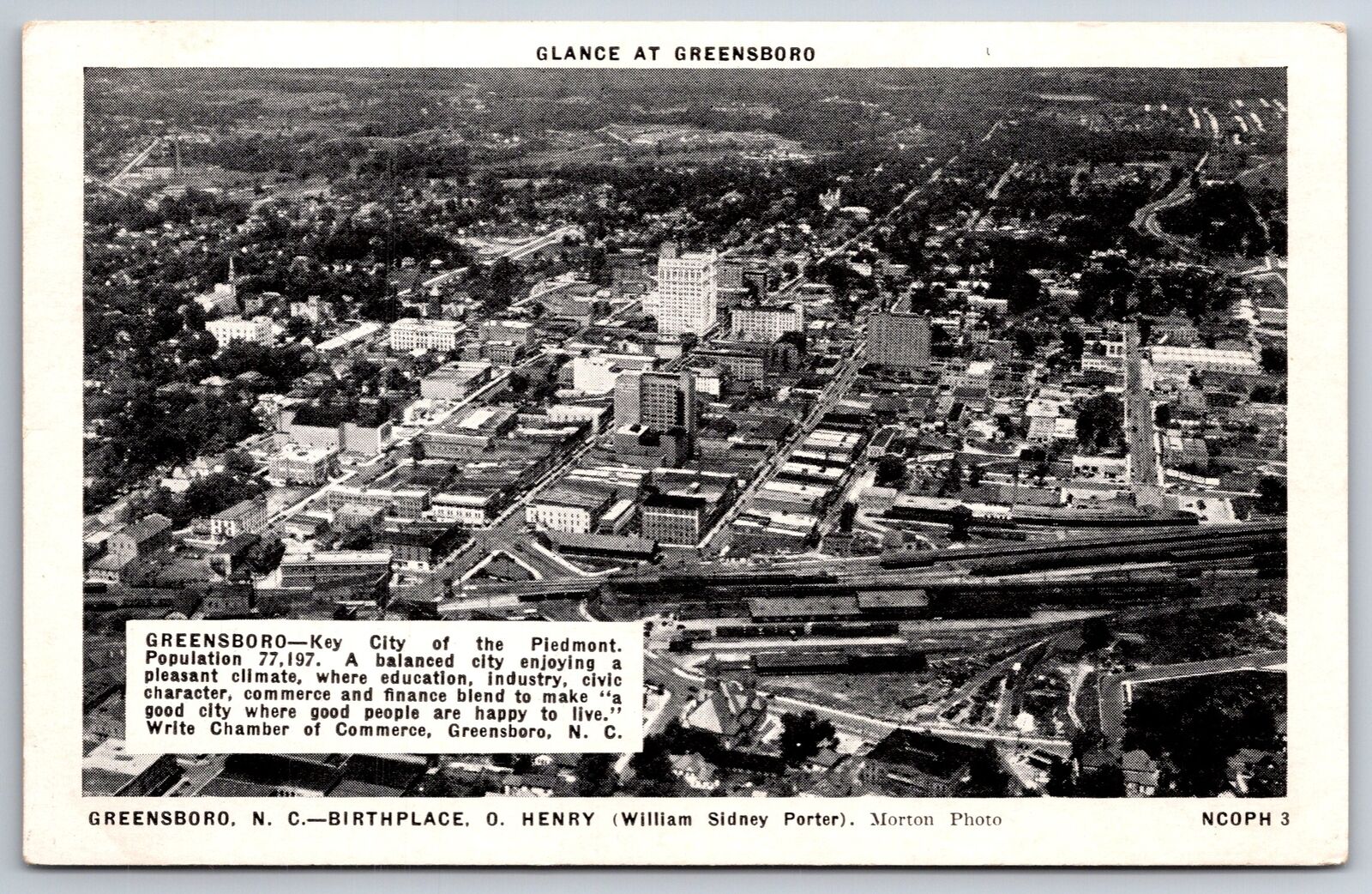Greensboro North Carolina~Main Street Birdseye View~1950s B&W Postcard