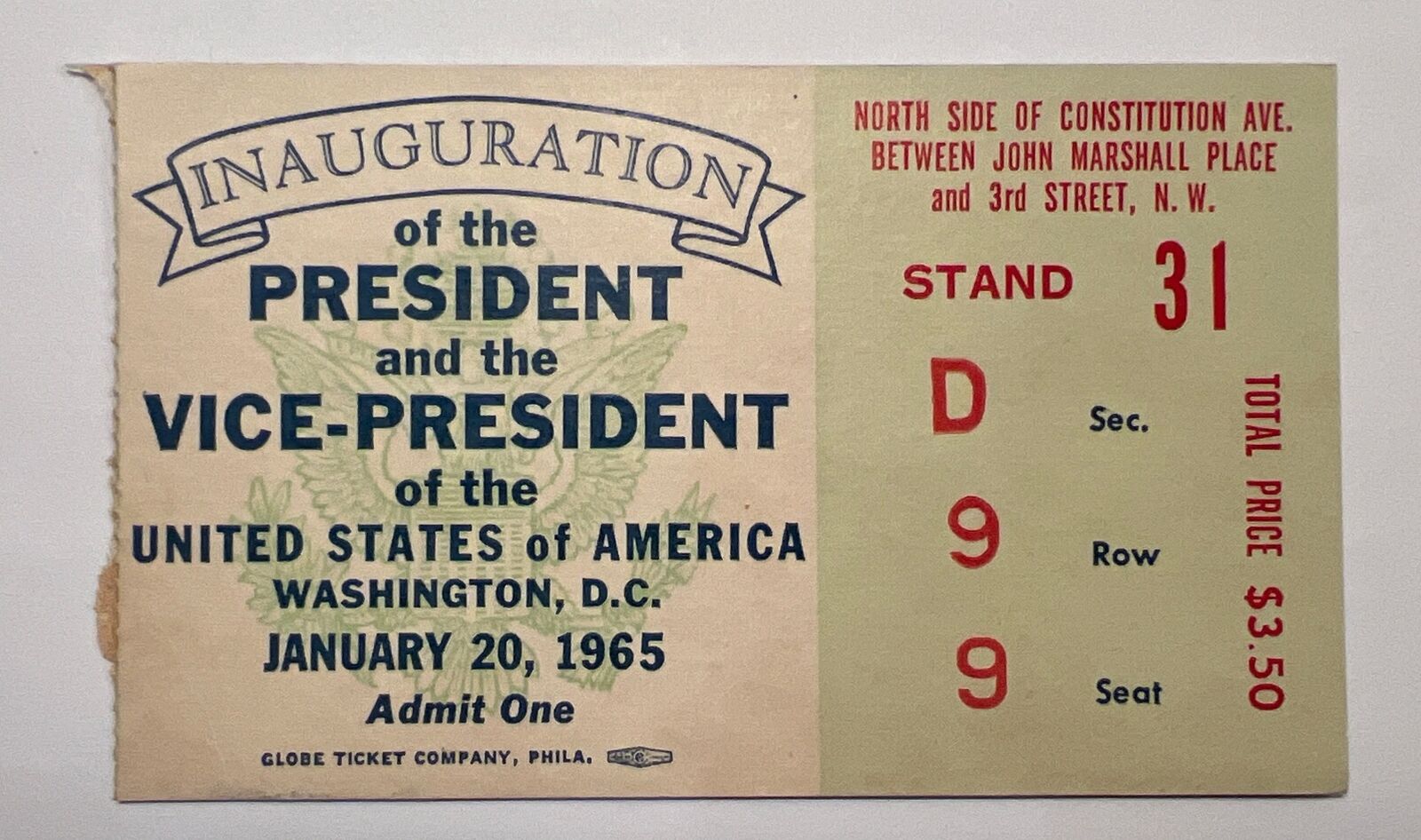 1965 Presidential Inauguration Ticket President LBJ LYNDON JOHNSON /VP Humphrey