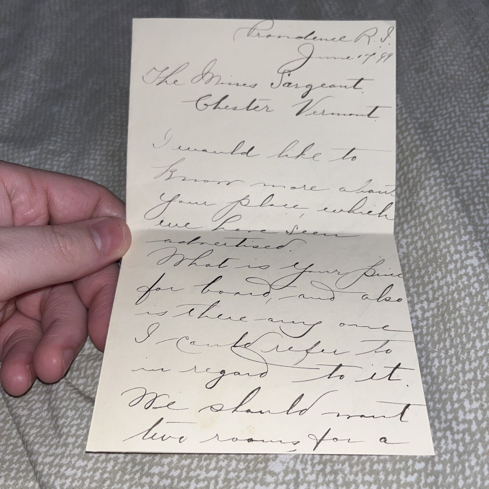 1899 Providence RI Letter to Chester Vermont on Summer Vacation Accommodations