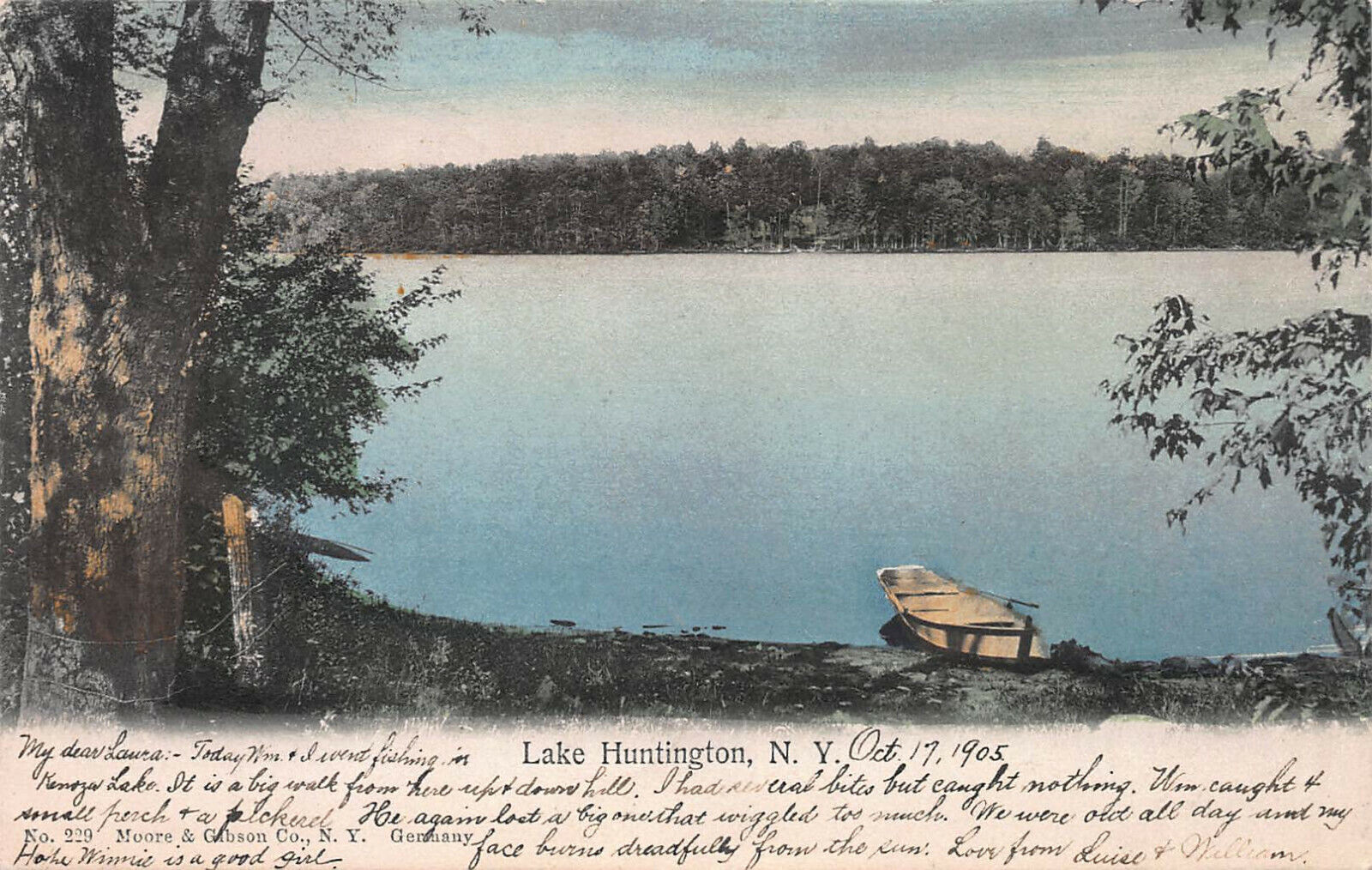Lake Huntington, New York, Early Hand Colored Postcard, Used in 1905