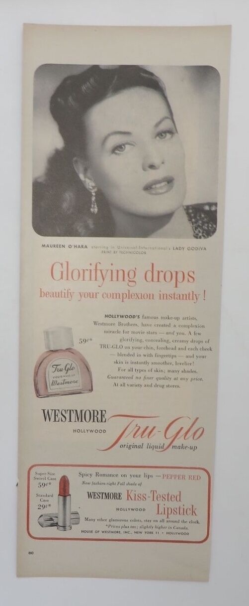 Original Print Ad 1955 Westmore TRU-GLO Make-Up Glorifying Drops Maureen O\'Hara 