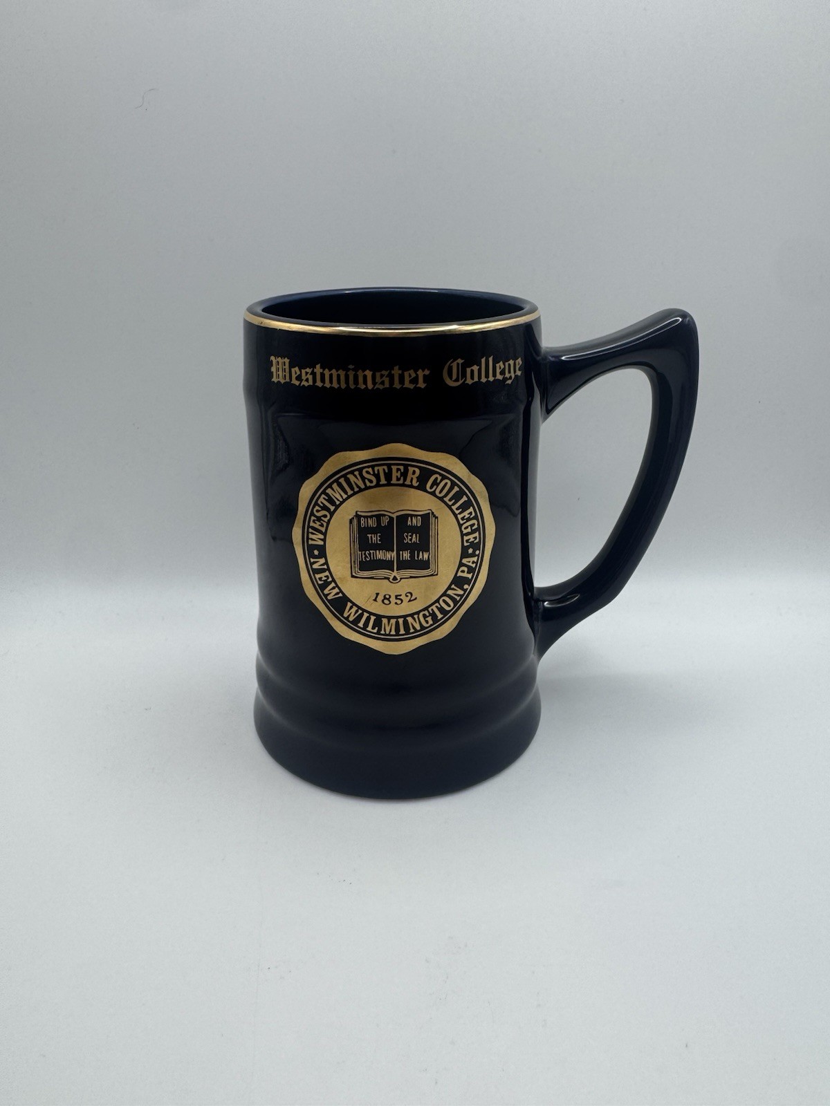 Vintage Westminster College PA Ceramic Stein Mug Blue w/Gold Trim W C Bunting