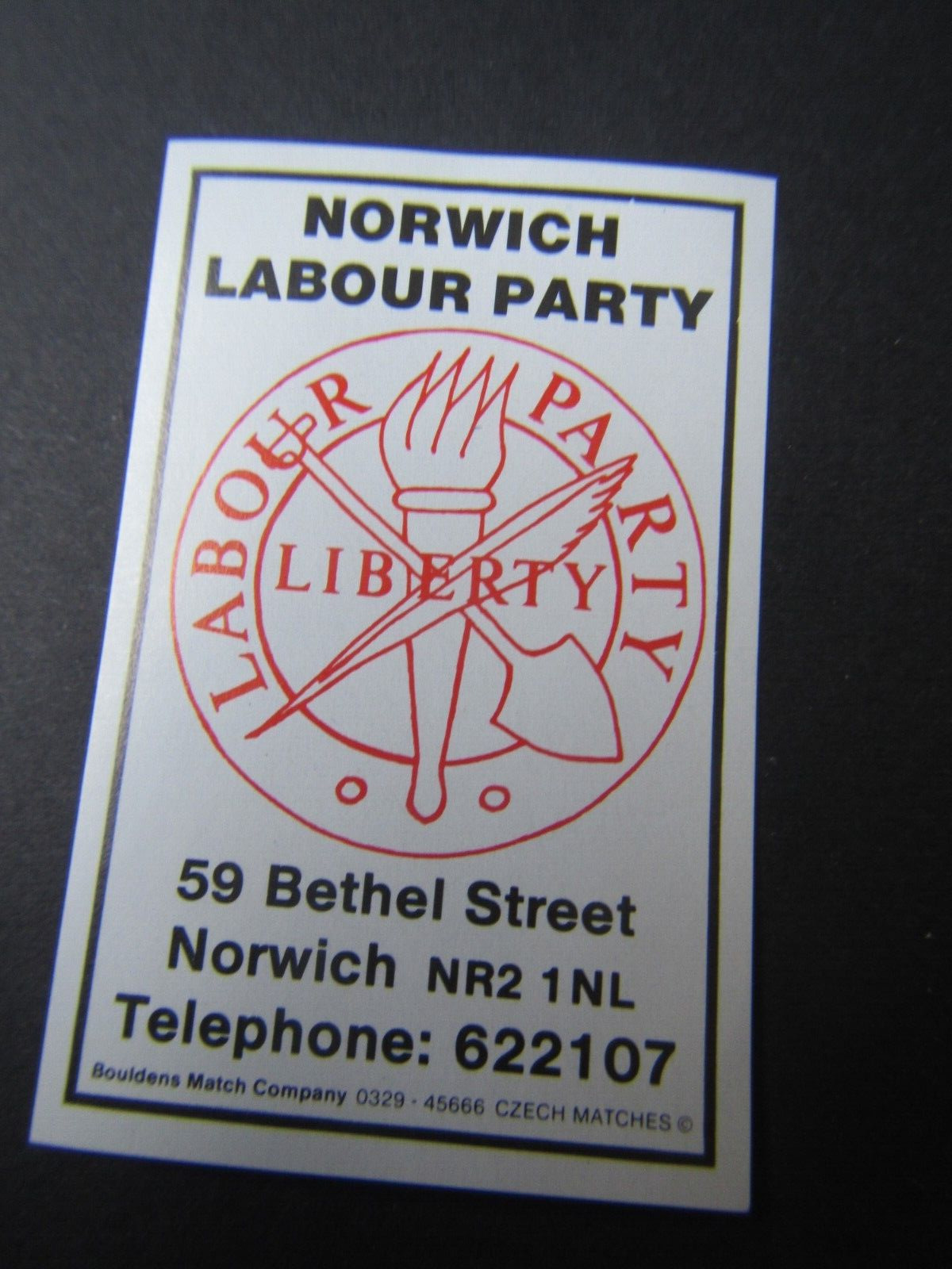 Norwich Labour Party 58 Bethel Matchbox Label 
