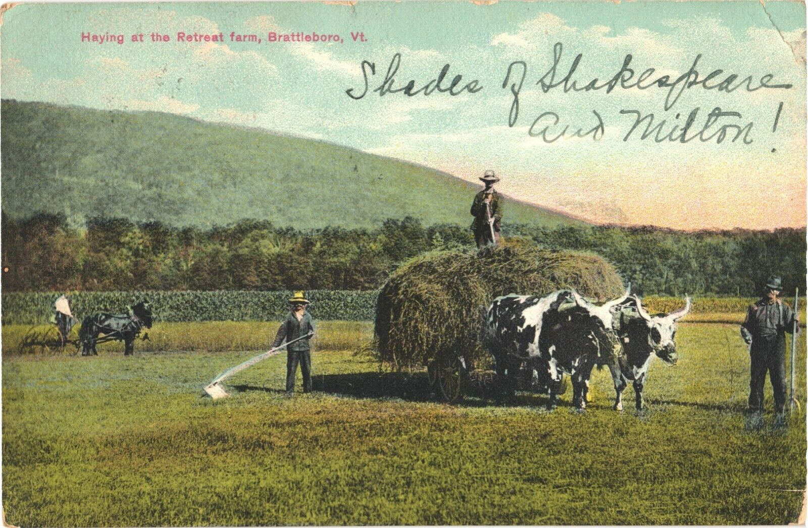 Cow Carriage & Farmers Haying At The Retreat Farm, Brattleboro, Vermont Postcard