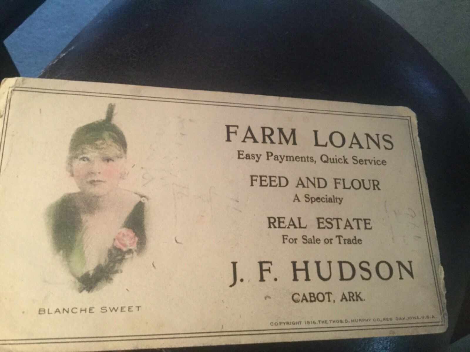 1916 JF. hudson Cabot Arkansas Ink Blotter Farm Loans Feed & Flour Real Estate