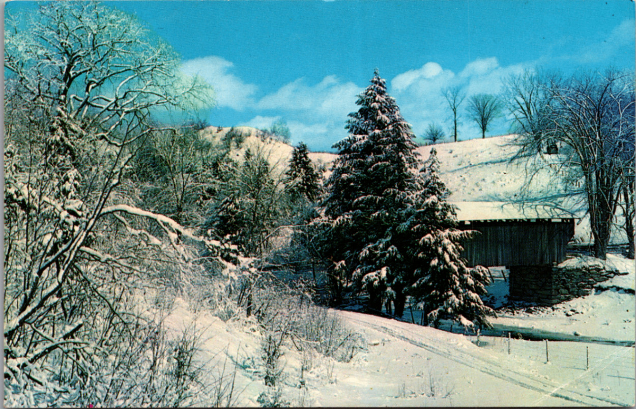 VT Jeffersonville Covered Bridge Winter Snow Chrome Postcard 1960s VT Jeffersonville Covered Bridge Winter Snow Chrome Postcard 1960s