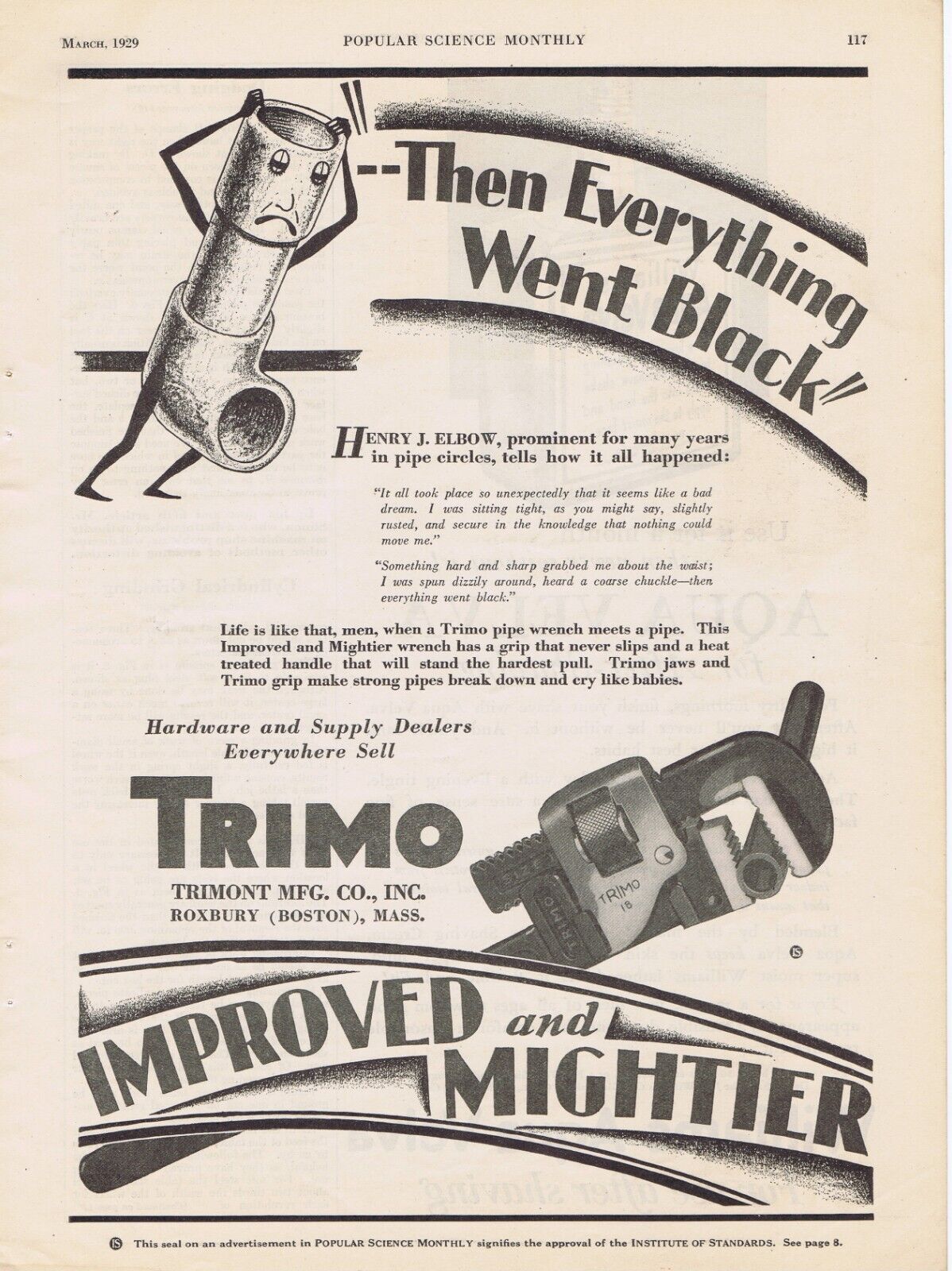 1929 Advertisement - TRIMO PIPE WRENCH, TREMONT MFG., ROXBURY, MA