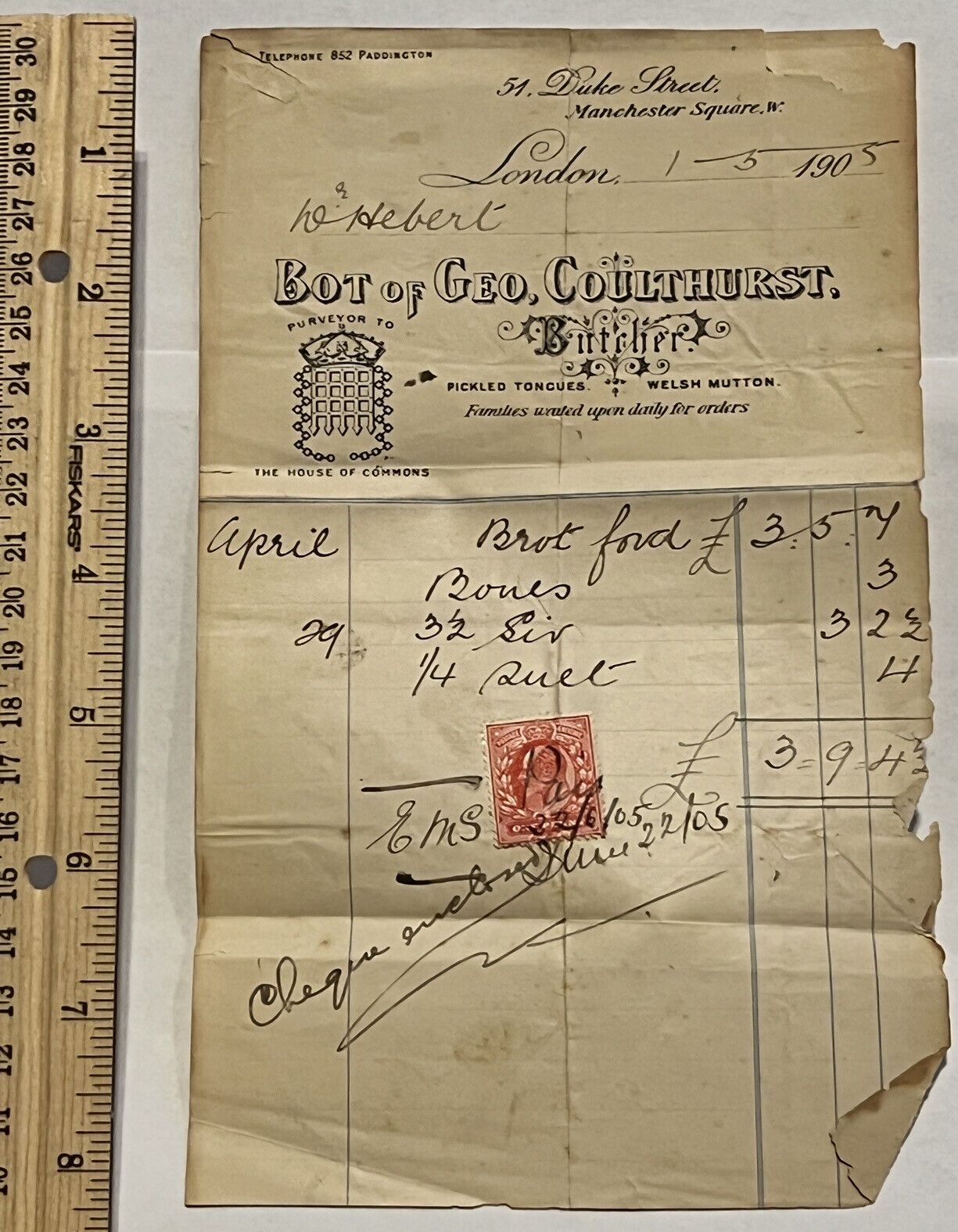 1905 LONDON BOT OF GEO, COULTHURST PICKLED TONGUES RECEIPT, MANCHESTER SQUARE