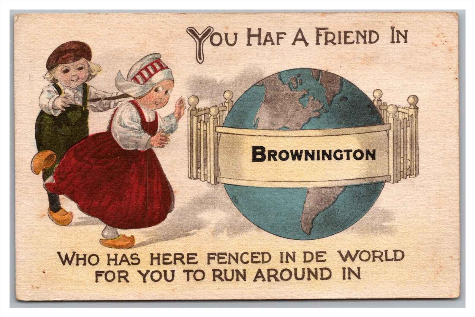 Postcard MO Brownington Missouri Dutch Children Greetings Globe c1910s P22