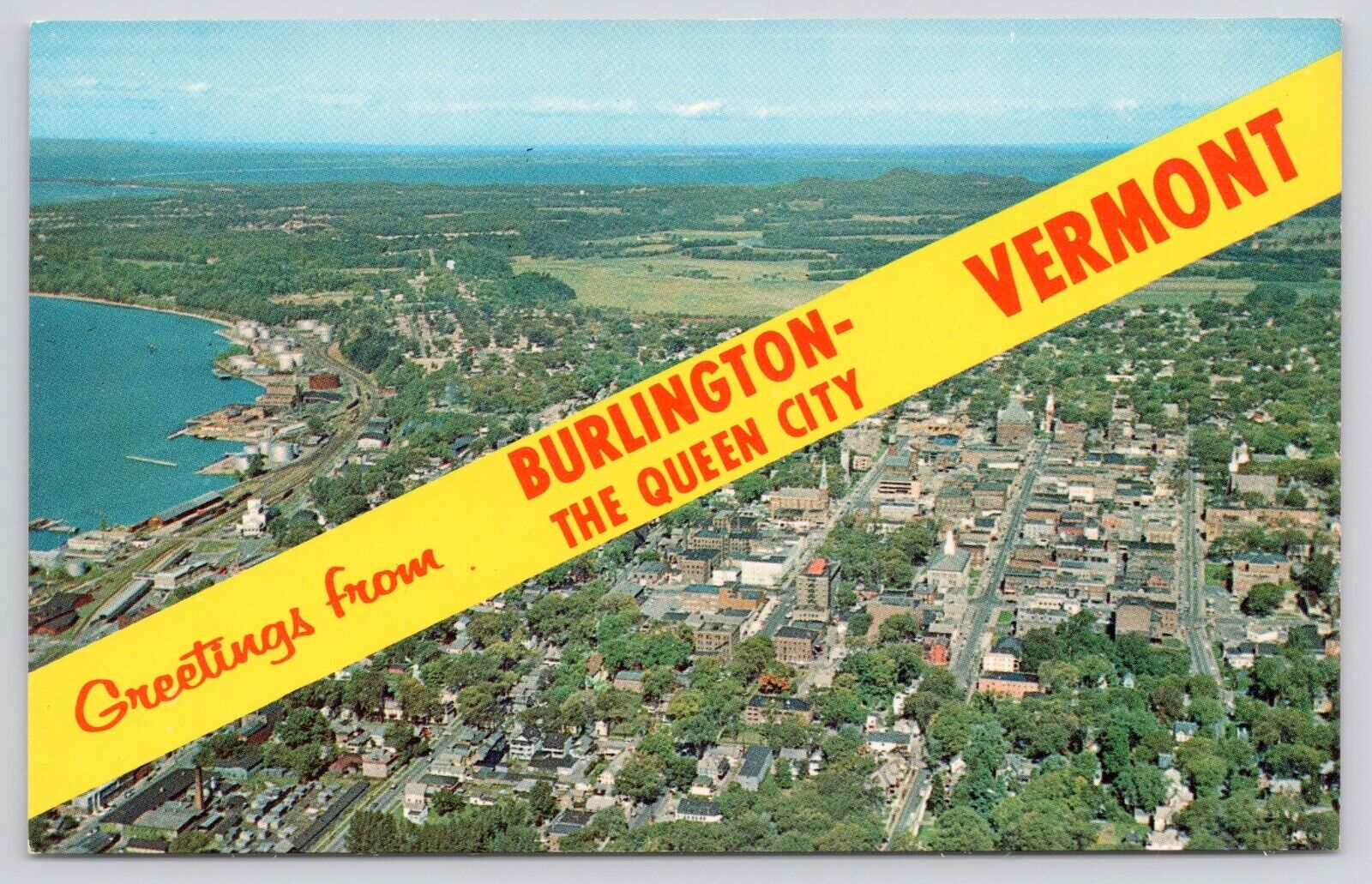 Greetings From Burlington Vermont Banner Chittenden County VT Aerial Postcard