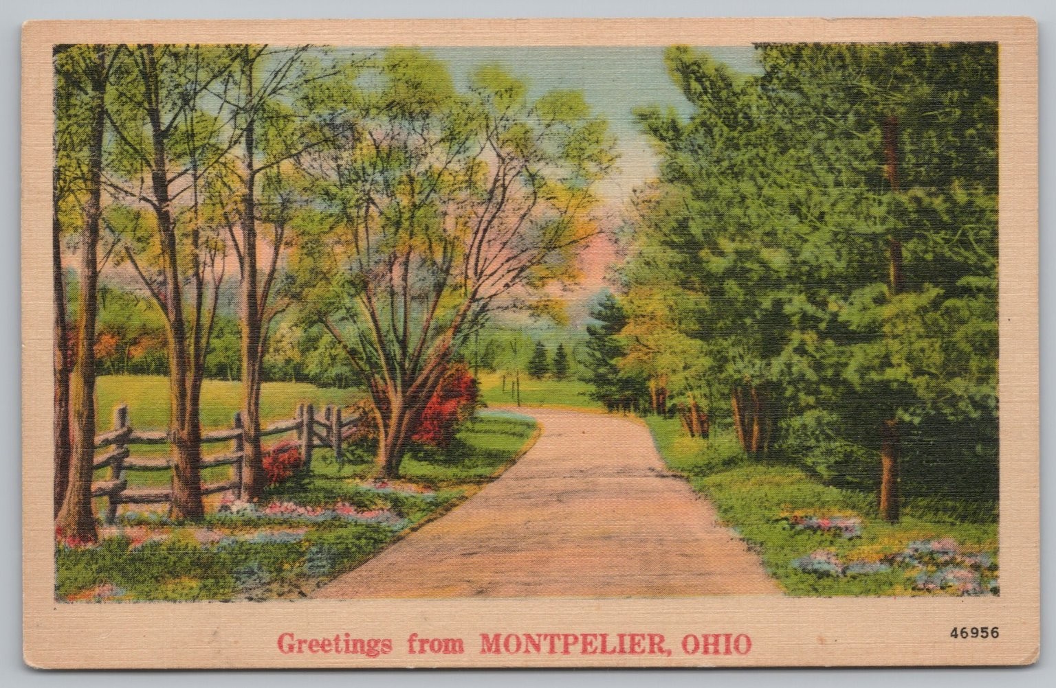 Montpelier Ohio Greetings Scenic Country Road Linen Postcard 1930s UNP Vintage Montpelier Ohio Greetings Scenic Country Road Linen Postcard 1930s UNP Vintage