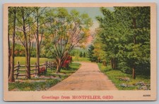 Montpelier Ohio Greetings Scenic Country Road Linen Postcard 1930s UNP Vintage picture