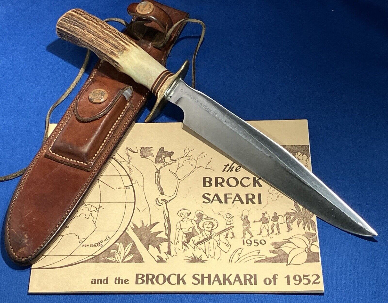 RANDALL MADE KNIFE NO. 1-8” ONE PIN STAG HEISER BROWN BUTTON SHEATH BROCK SAFARI