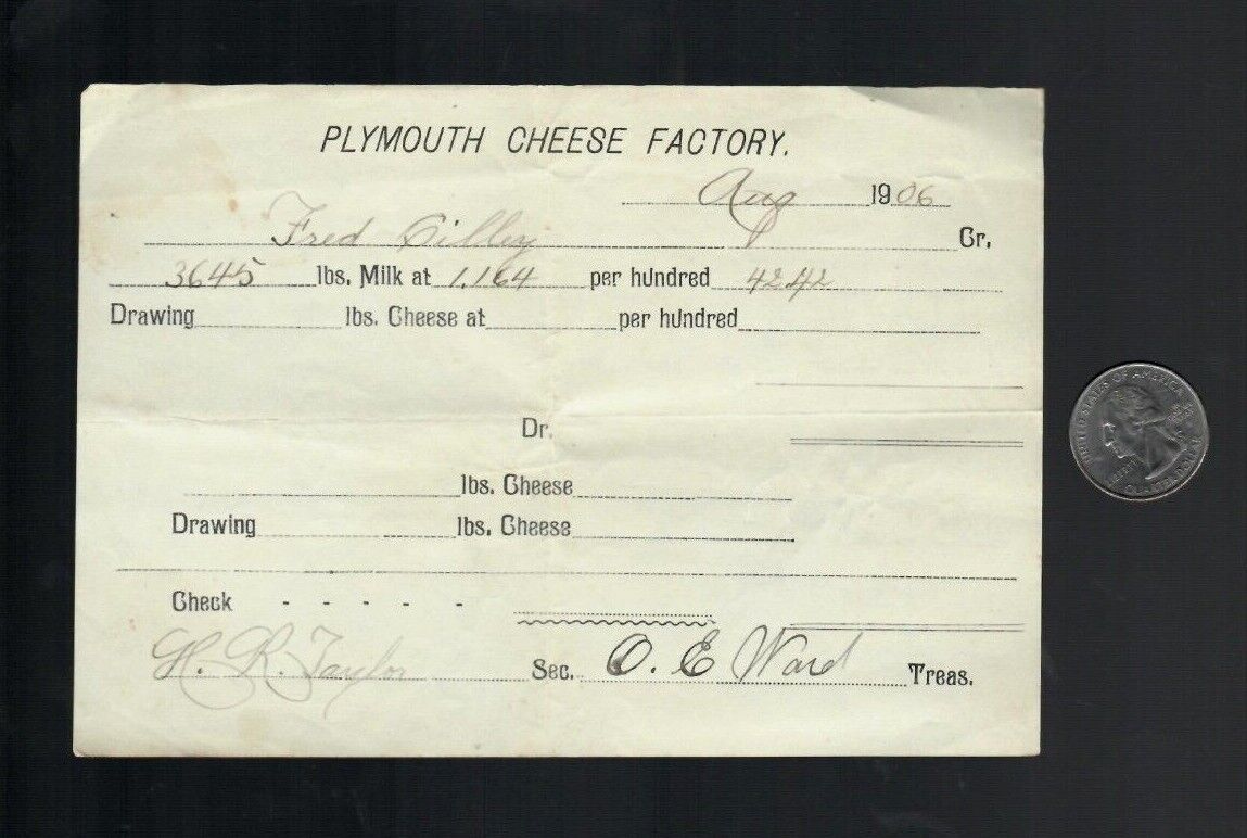 Plymouth VT Cheese Factory Receipt 1906 to Fred Cilley For Milk Delivered