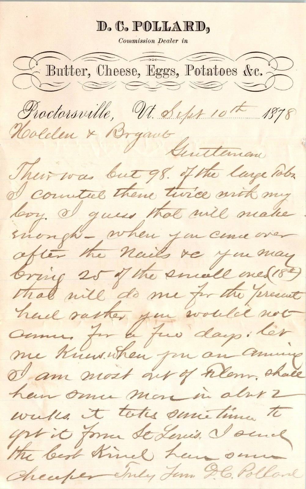 DC Pollard Proctorsville VT 1878 Letterhead Butter Eggs Cheese Signed DC Pollard Proctorsville VT 1878 Letterhead Butter Eggs Cheese Signed