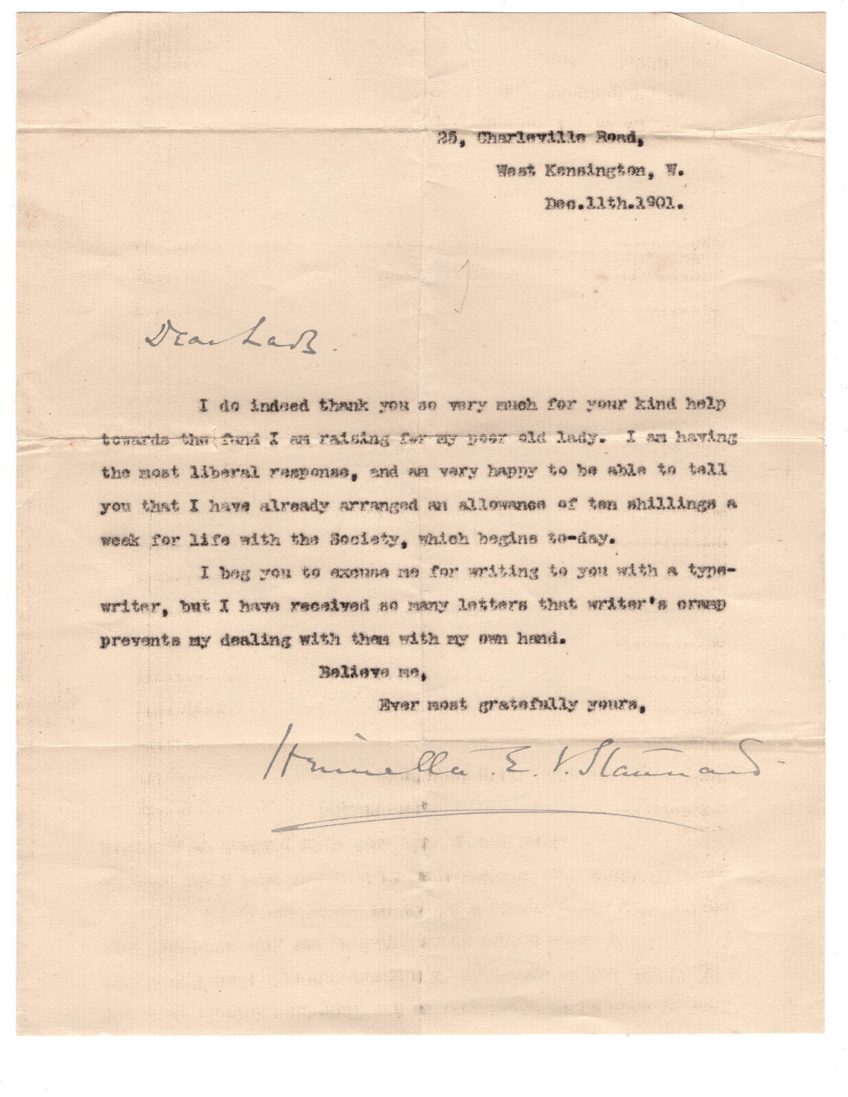 Henrietta E.V. Stannard Signed Letter 1901 / Autographed Writer
