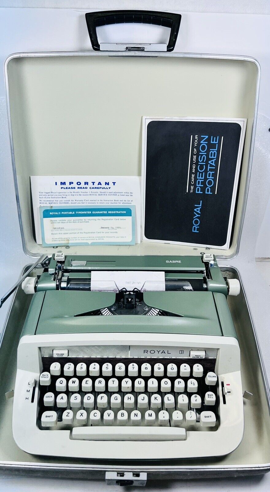 Royal Sabre Green Manual Typewriter 1970s w/ Manual & Original Carry Case