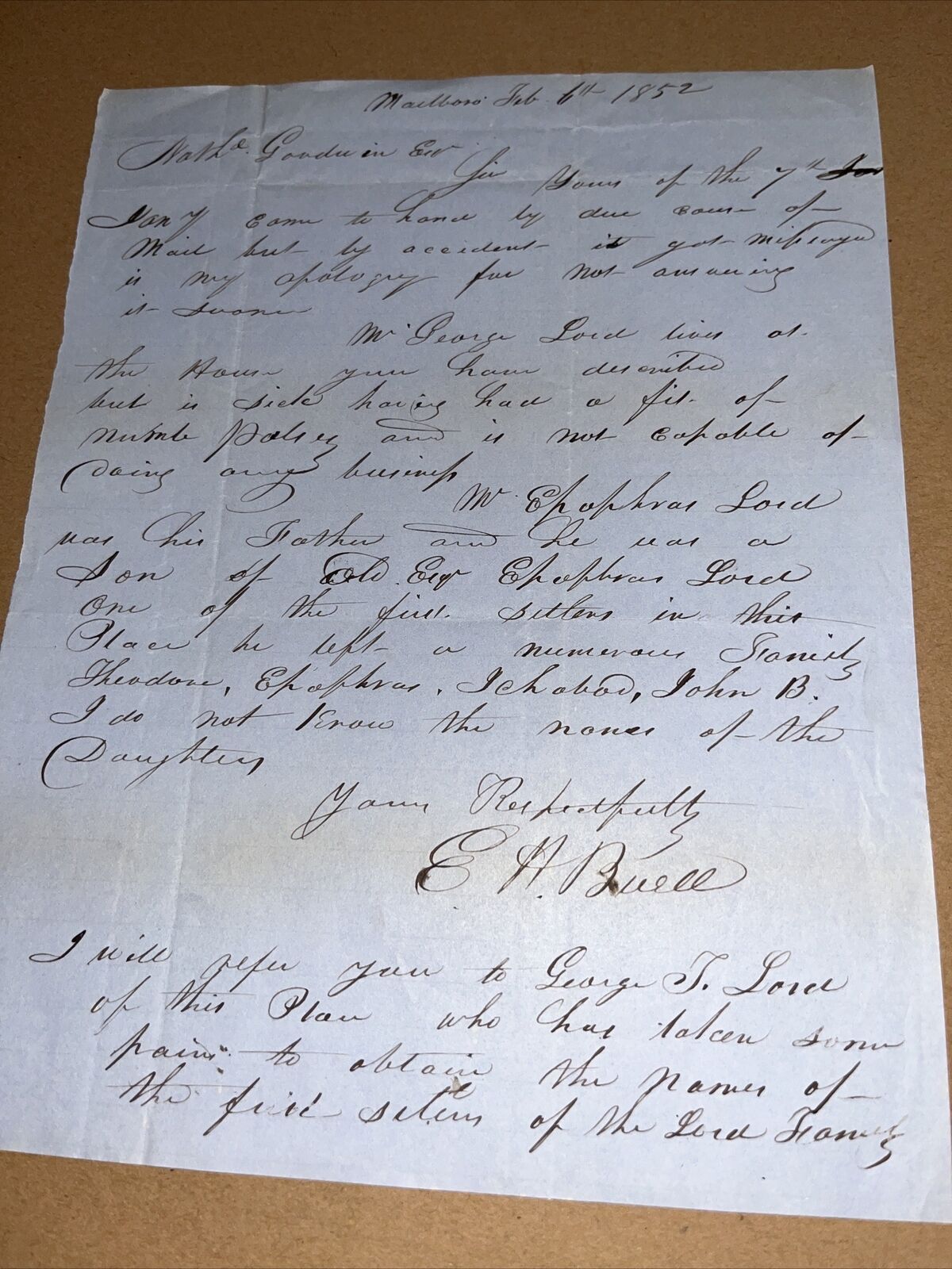 1852 Marlborough Letter to Hartford CT Genealogist: Epaphras Lord Colchester