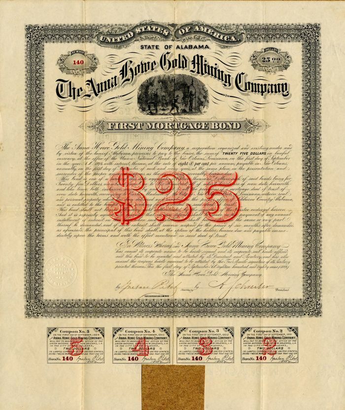 Anna Howe Gold Mining Co. - $25 First Mortgage Bond - Birmingham, Alabama - Mini