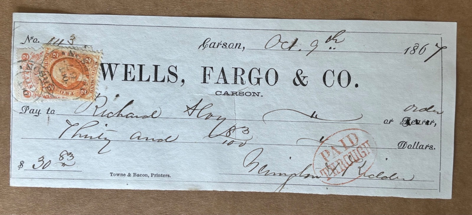 1867 Carson City Nevada NV Revenue Stamp Wells Fargo Check H M Yerington Kidder 1867 Carson City Nevada NV Revenue Stamp Wells Fargo Check H M Yerington Kidder