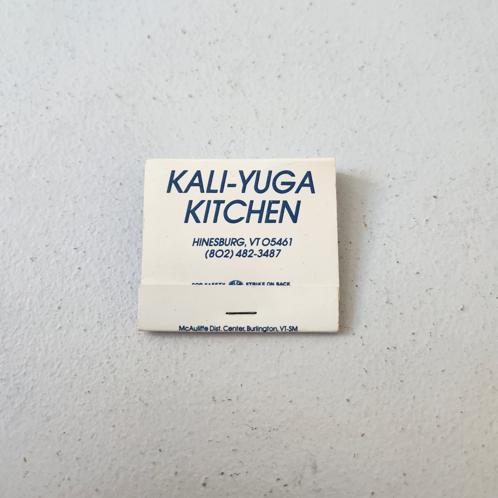 Kali-Yuga Kitchen Hinesburg, VT Vintage Matchbook Full White Blue