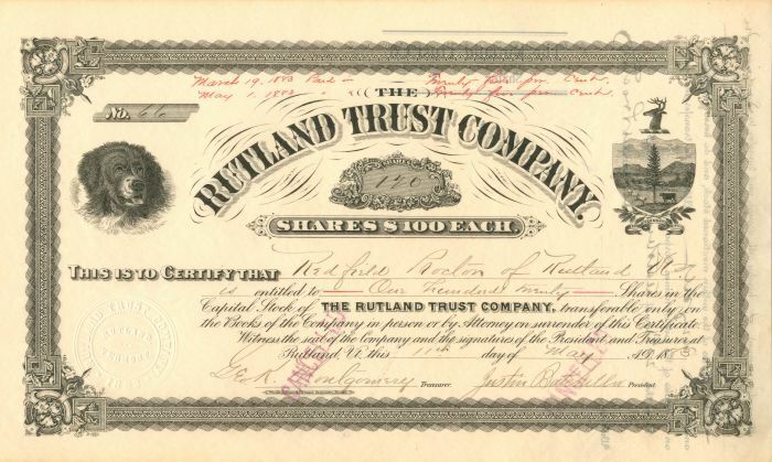 Rutland Trust Co. - Stock Certificate - Banking Stocks