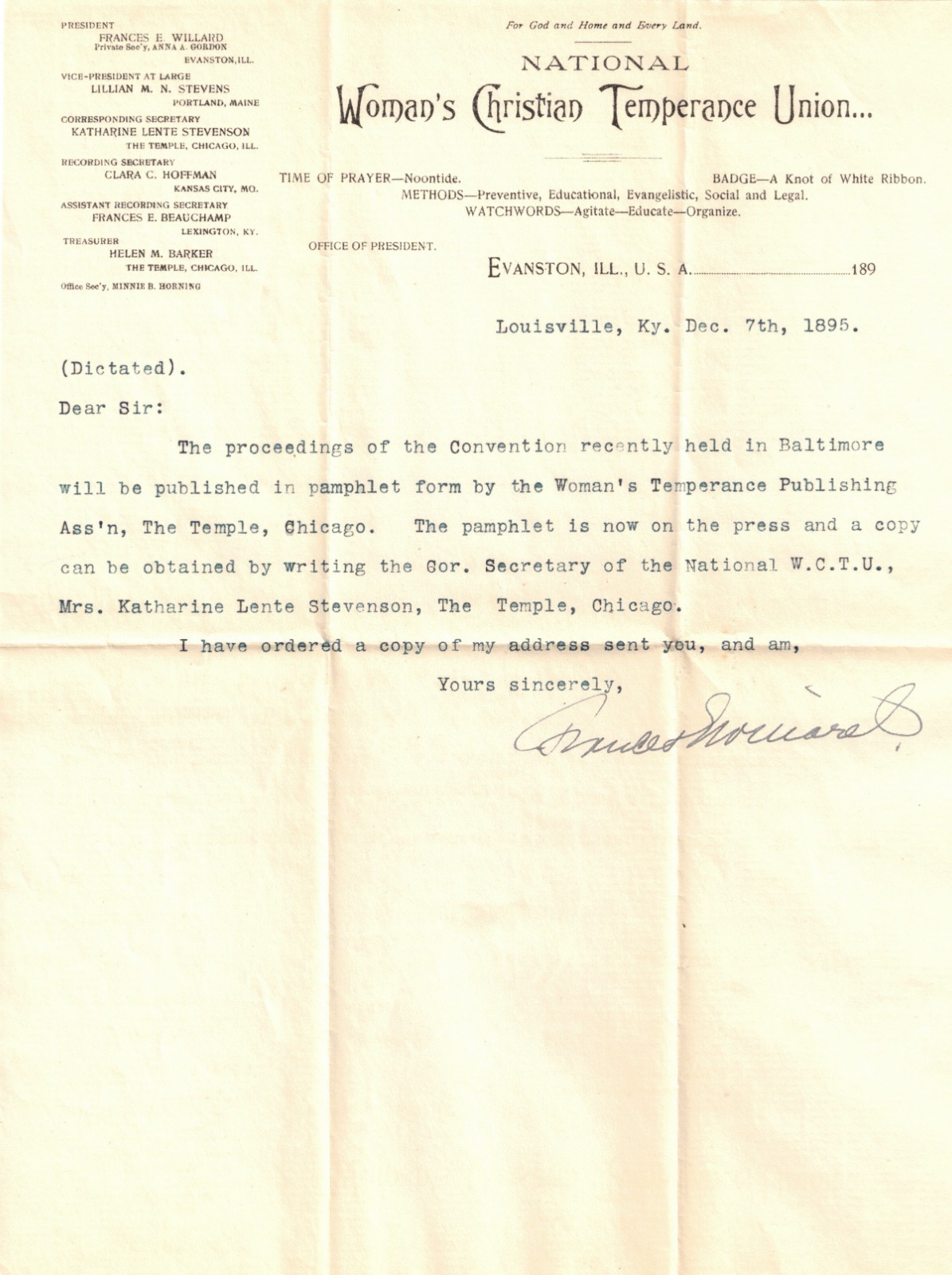 Frances Willard Women\'s Suffragist Original Signed Autograph Letter Dated 1895