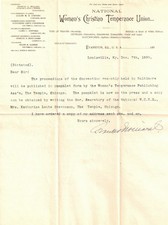Frances Willard Women's Suffragist Original Signed Autograph Letter Dated 1895 picture