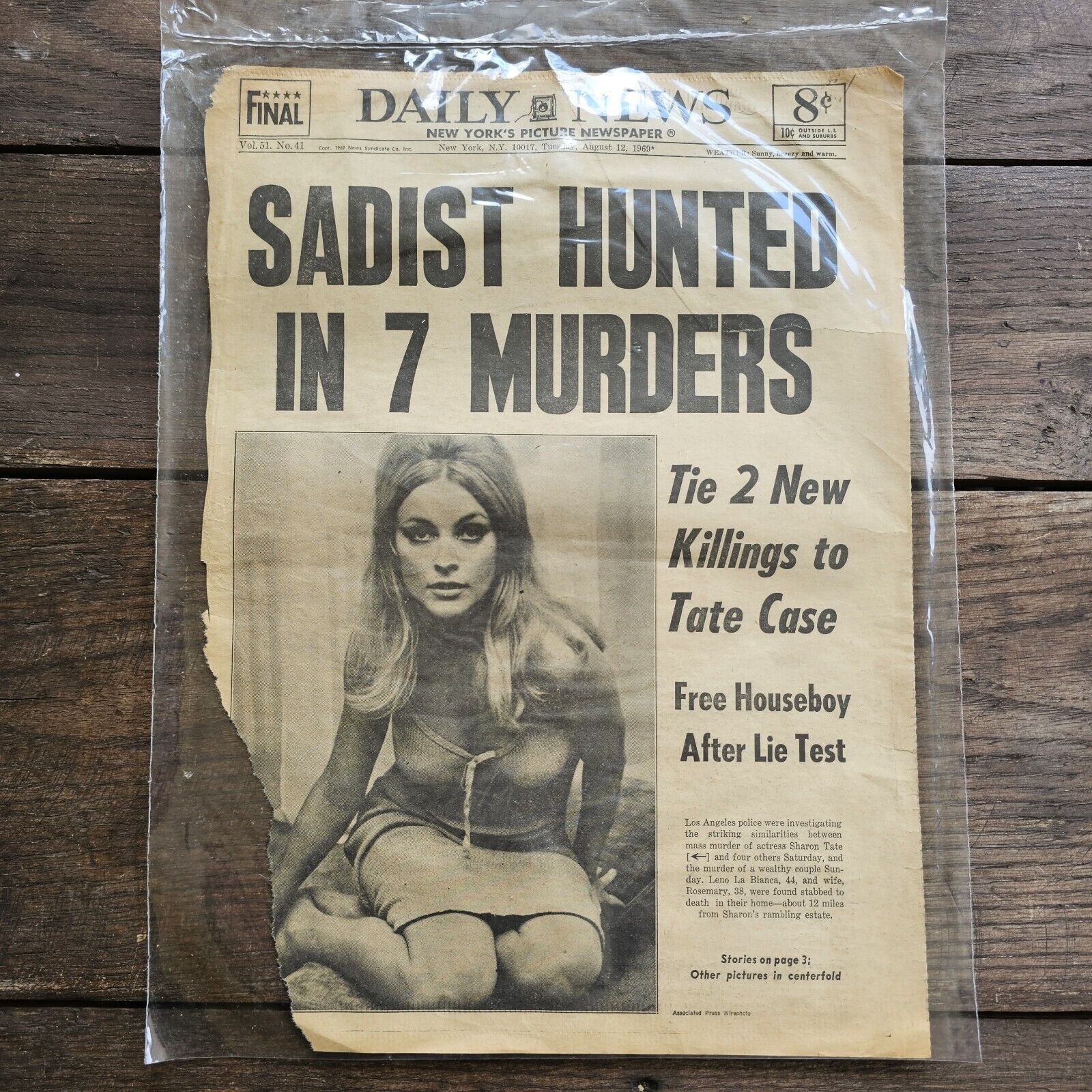 Daily News New York  1969 Sharon Tate Newspaper Cover (Torn)