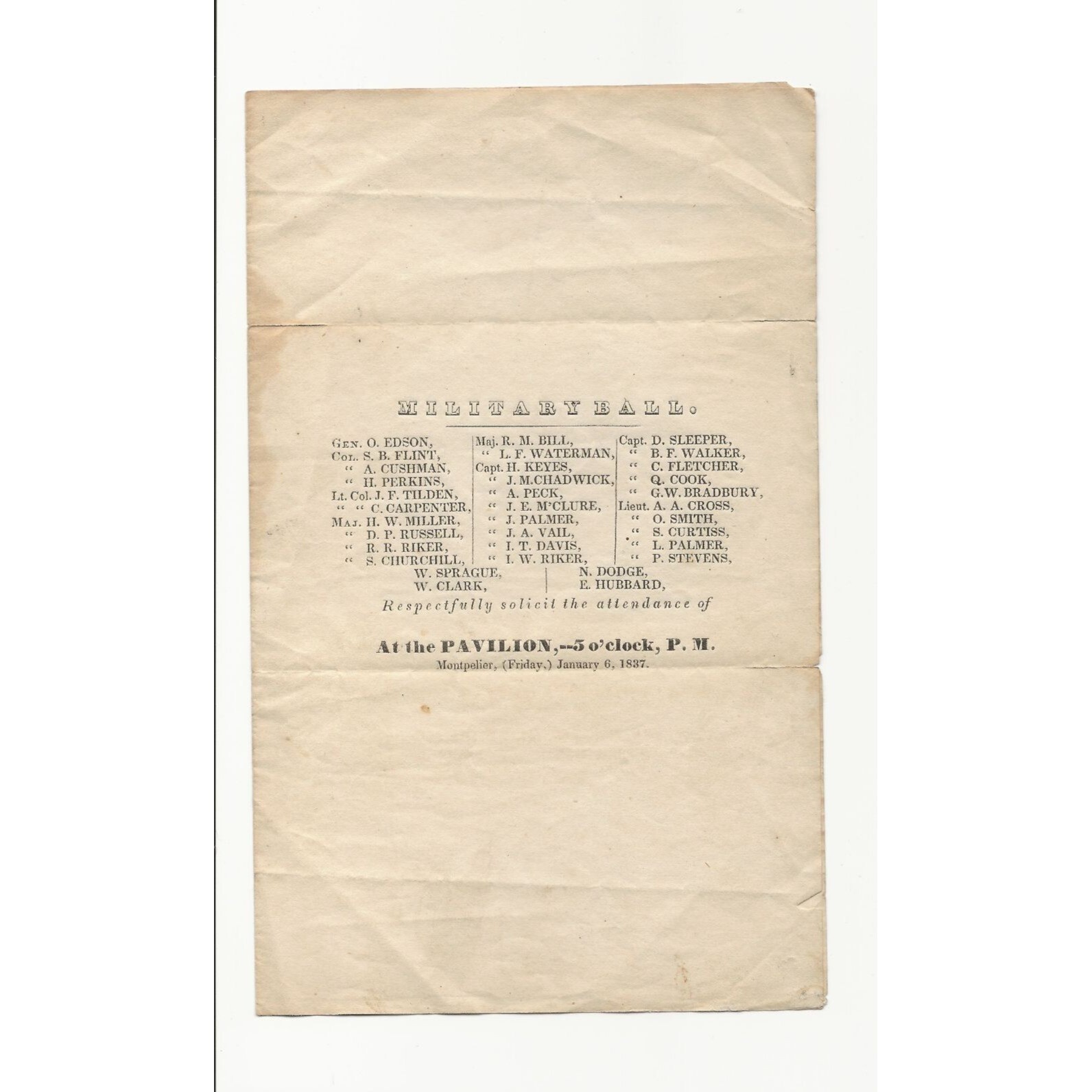 1837 Invitation to the Military Ball at the Pavilion at 5pm Montpelier Vermont 1837 Invitation to the Military Ball at the Pavilion at 5pm Montpelier Vermont