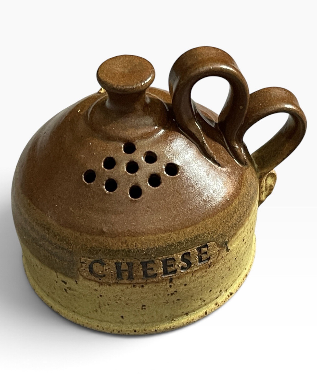 Larkin Signed Pottery Vintage Cheese Shaker with Cork Blue Double Handles Larkin Signed Pottery Vintage Cheese Shaker with Cork Blue Double Handles