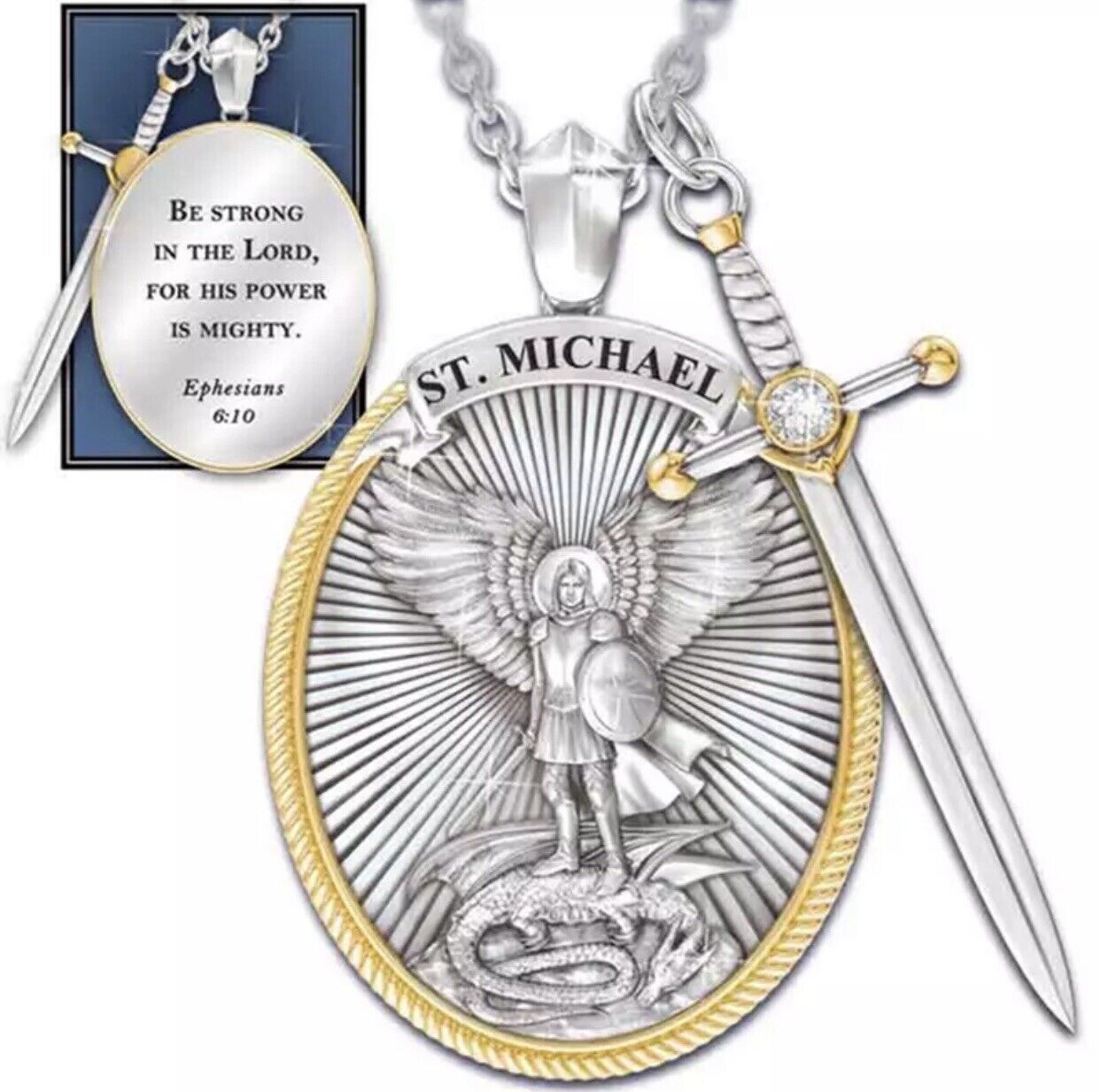 Catholic Patron The Archangel St. Michael Pendant Necklace with sword