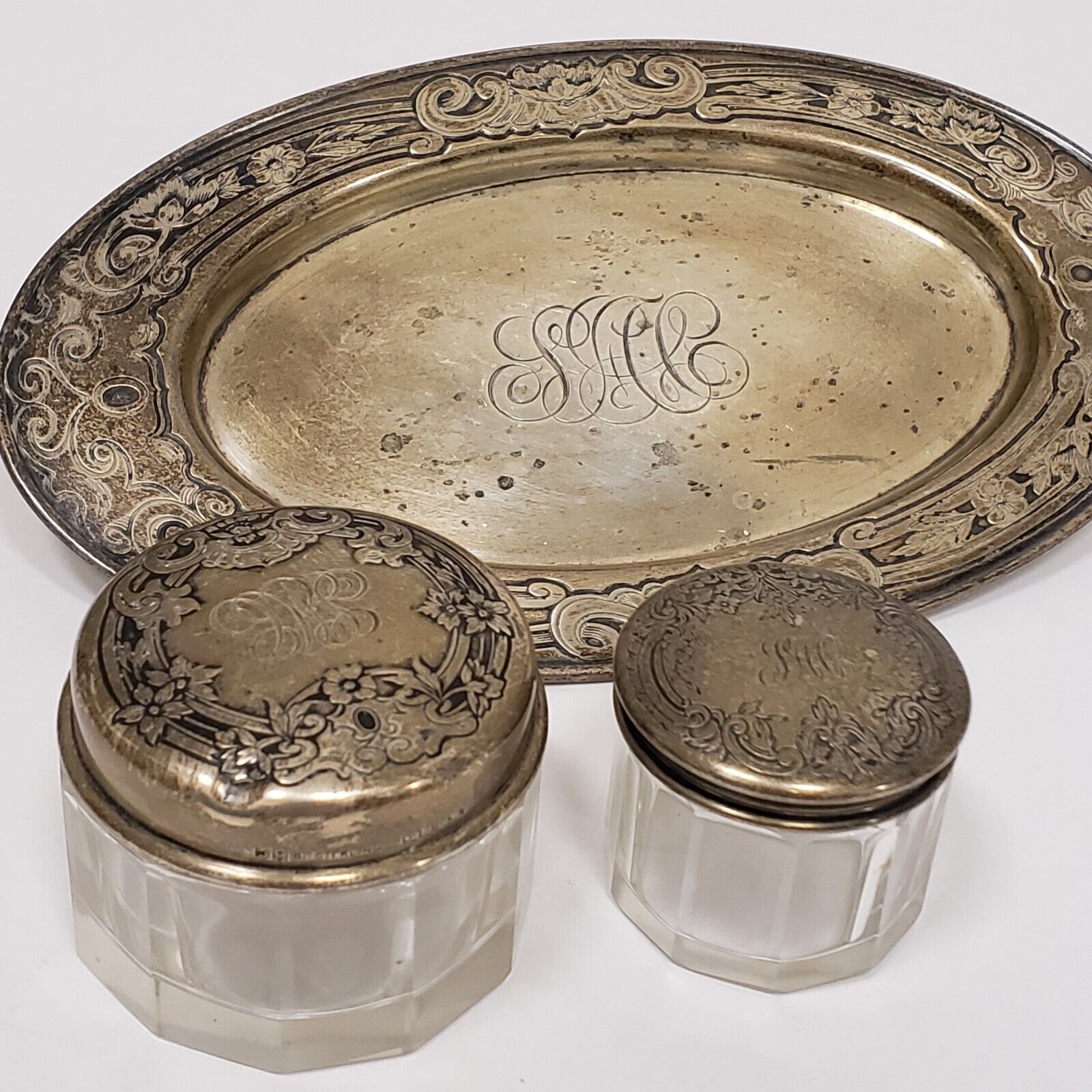 Antique Gorham Sterling Lid Faceted Glass Vanity Dresser Set Jars Tray Mono