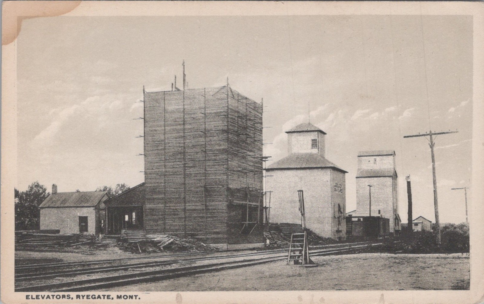Grain Elevators Ryegate Montana MT Railroad Construction Bloom 1910s Postcard Grain Elevators Ryegate Montana MT Railroad Construction Bloom 1910s Postcard