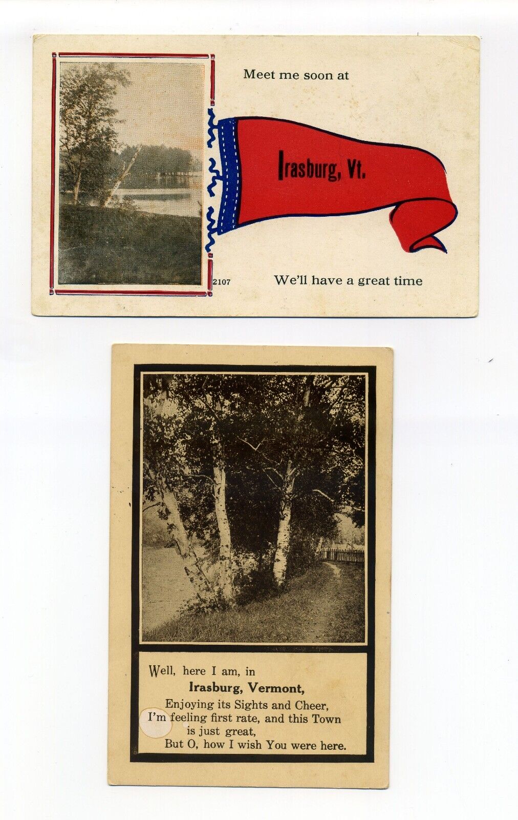 Irasburg VT lot of 2 postcards, 1 pennant, 1 poem, wish you were here
