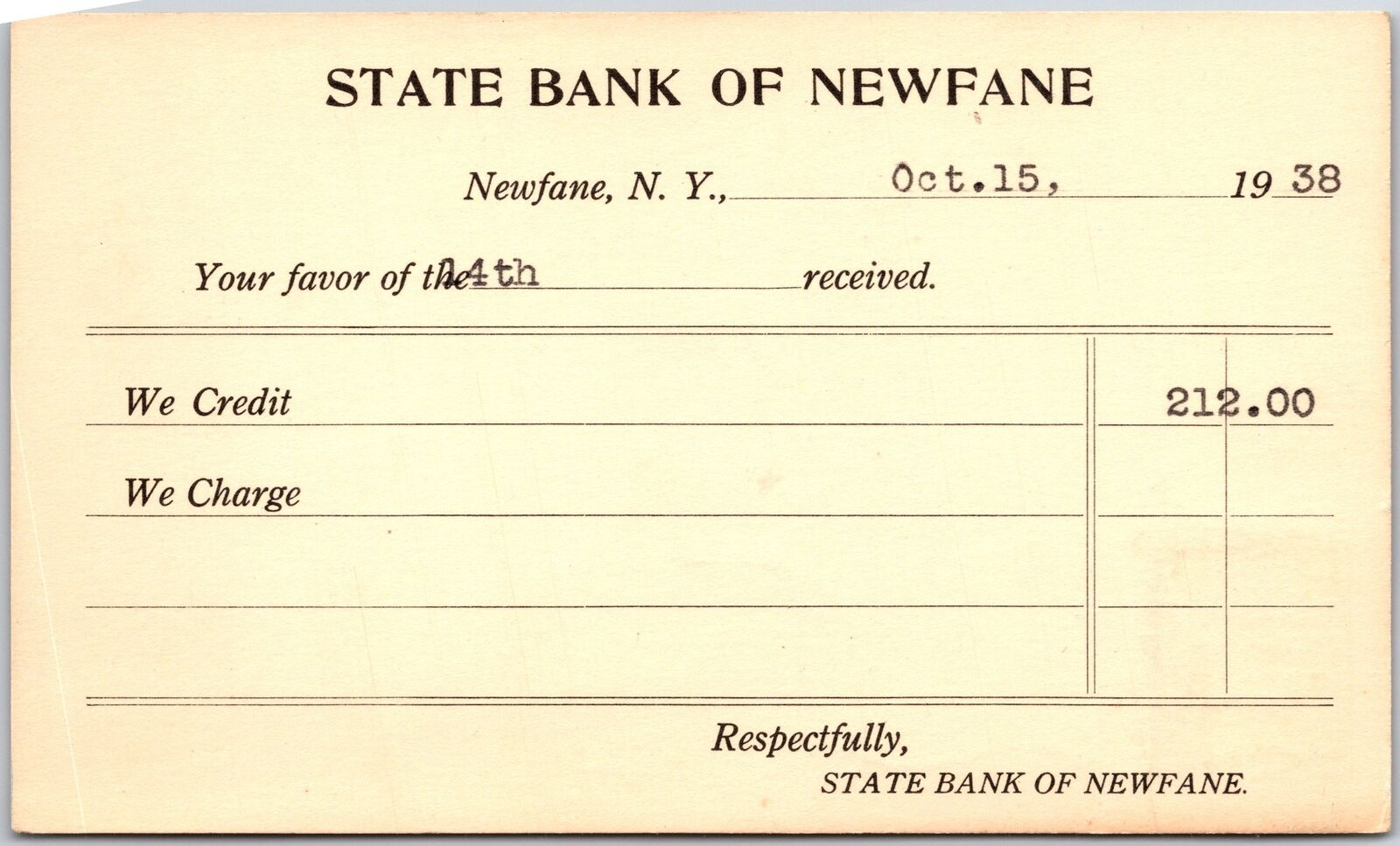 1938 Bank Credit Receipt Issued by the State Bank of Newfane New York, Postcard