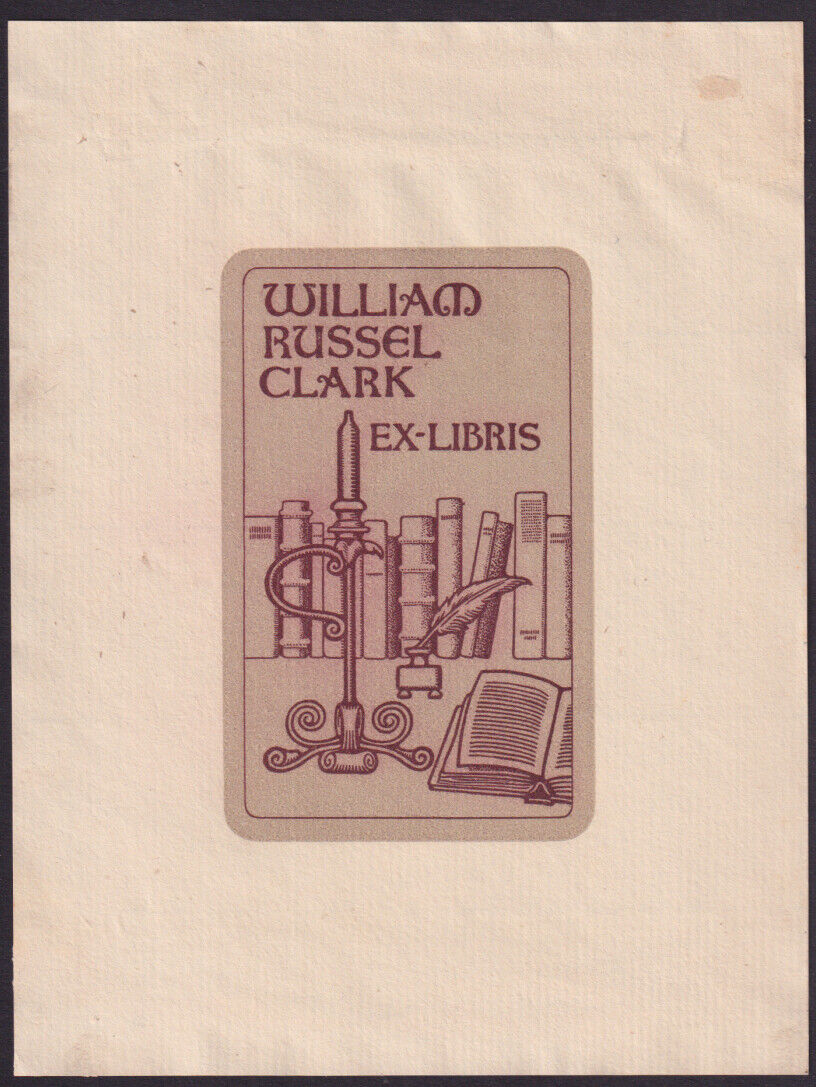 Willard Russel Clark Ex Libris Bookplate candle inkwell & shelf of books