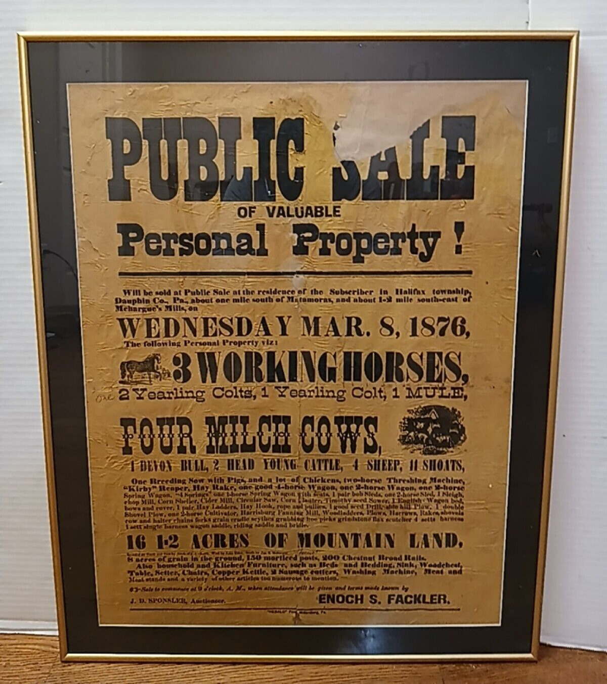 1876  Public Sale, Farm Sale Auction  Notice, Halifax Township, Pennsylvania