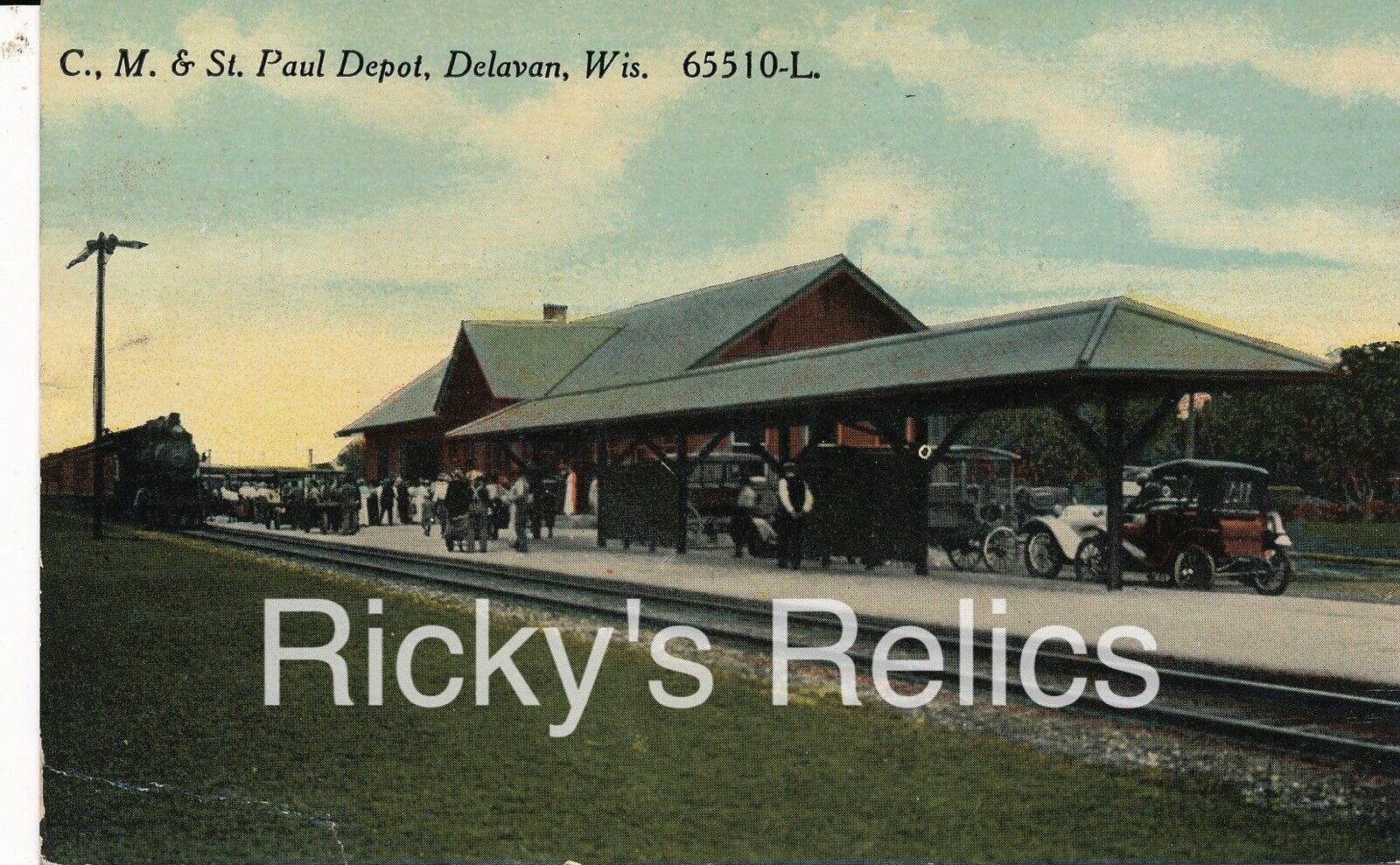 Antique Train Postcard Milwaukee Road Depot Delavan WI 1916 MILW Wisconsin