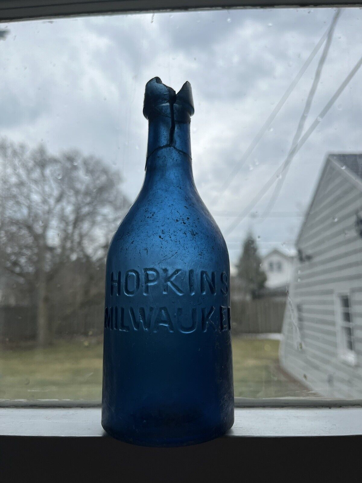 Very Rare Pontil Hopkins Milwaukee Wis Cobalt Blue Soda Bottle Damaged As Is