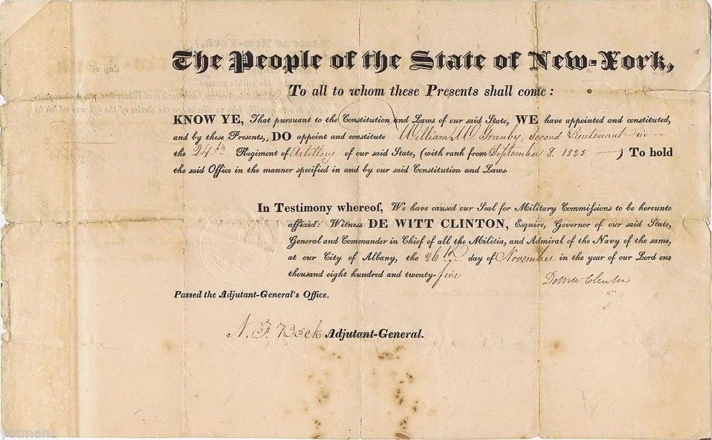 DeWitt Clinton Signature, William W. Granby 2nd Lieutenant NY State Militia 1825