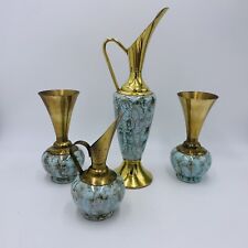 4 pc Vtg EB Holland Mcm Art Pottery Brass Green Blue Luster Glaze Vase Ewers picture