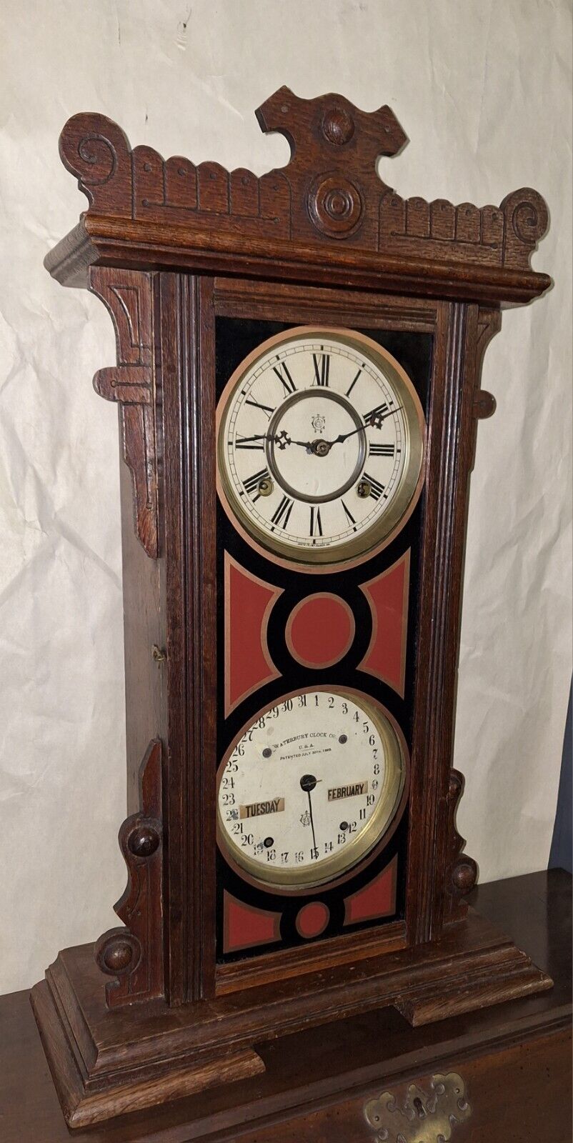 ANTIQUE WATERBURY DOUBLE DIAL CALENDAR CHIME CLOCK, 8 DAY, WORKING MODEL 44