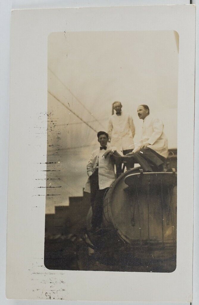 Marshfield Wisconsin RPPC Band Members Posing on Water Wagon 1919 Postcard Q7