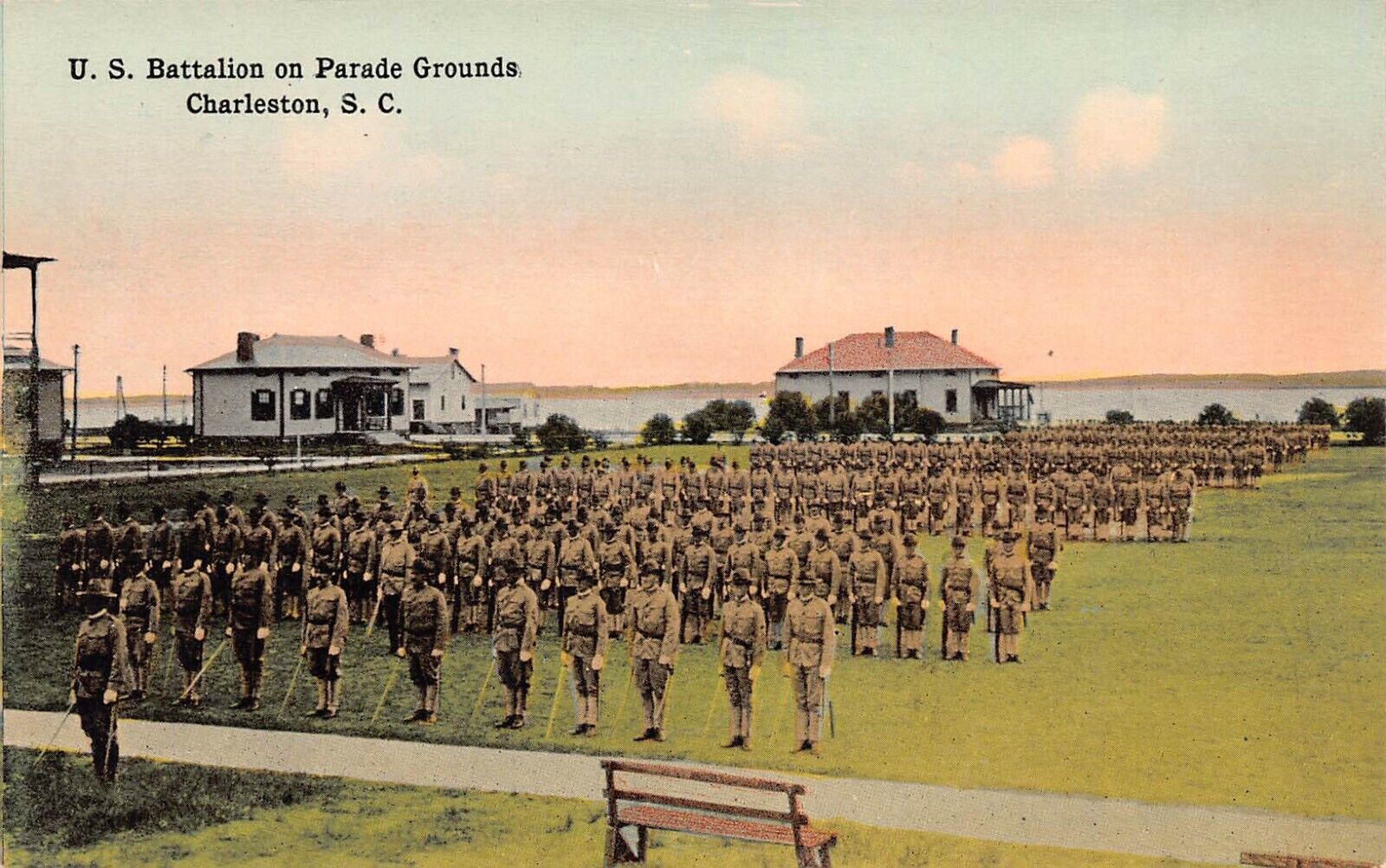 U.S. Army Battalion On Parade Grounds, Charleston, S.C., Early Postcard, Unused 